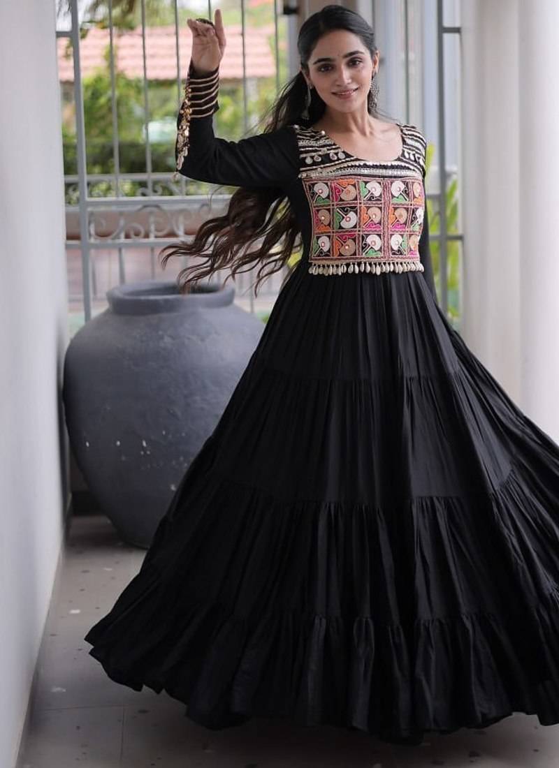 Navratri special reyon kutchi gamthi embroidered mirror work gown 12 meter flair 