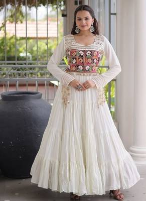 Navratri special reyon kutchi gamthi embroidered mirror work gown 12 meter flair  1
