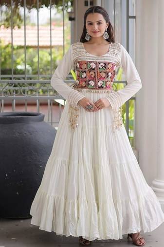 Navratri special reyon kutchi gamthi embroidered mirror work gown 12 meter flair 
