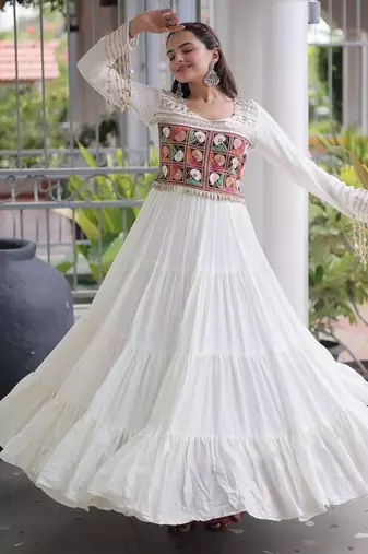 Navratri special reyon kutchi gamthi embroidered mirror work gown 12 meter flair 