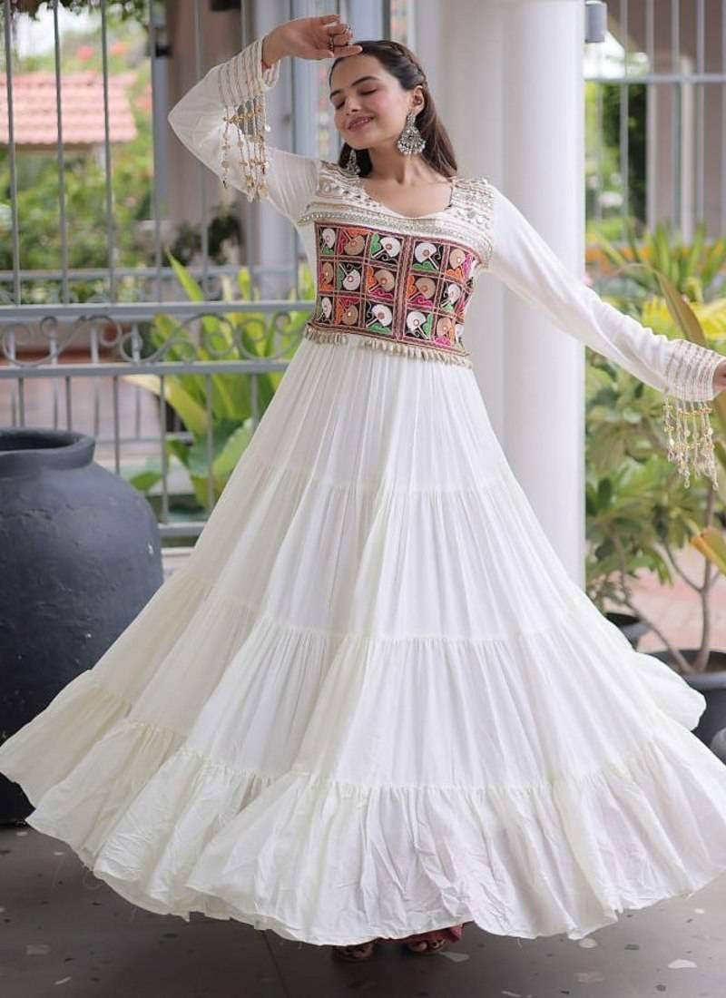 Navratri special reyon kutchi gamthi embroidered mirror work gown 12 meter flair 