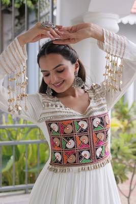 Navratri special reyon kutchi gamthi embroidered mirror work gown 12 meter flair  4