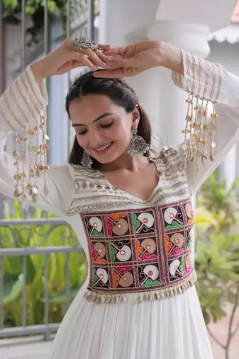 Navratri special reyon kutchi gamthi embroidered mirror work gown 12 meter flair 