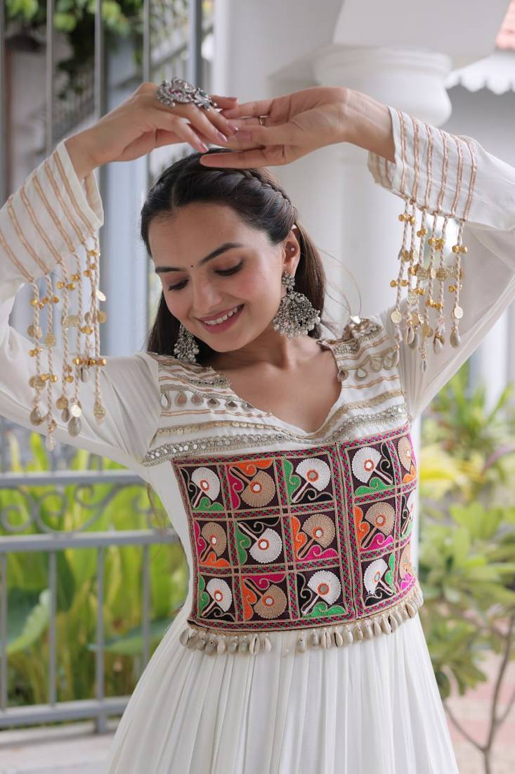 Navratri special reyon kutchi gamthi embroidered mirror work gown 12 meter flair 
