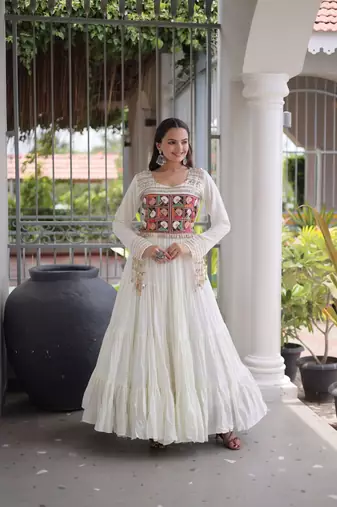 Navratri special reyon kutchi gamthi embroidered mirror work gown 12 meter flair 