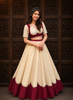 Cream Lace Work Roman silk_Blend Lehenga Choli 1