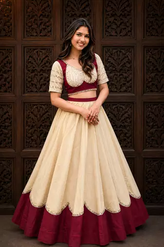 Cream Lace Work Roman silk_Blend Lehenga Choli