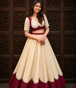 Cream Lace Work Roman silk_Blend Lehenga Choli
