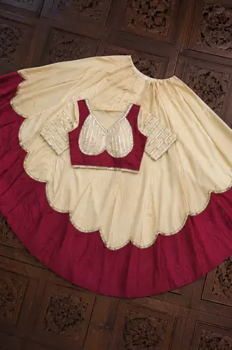 Cream Lace Work Roman silk_Blend Lehenga Choli
