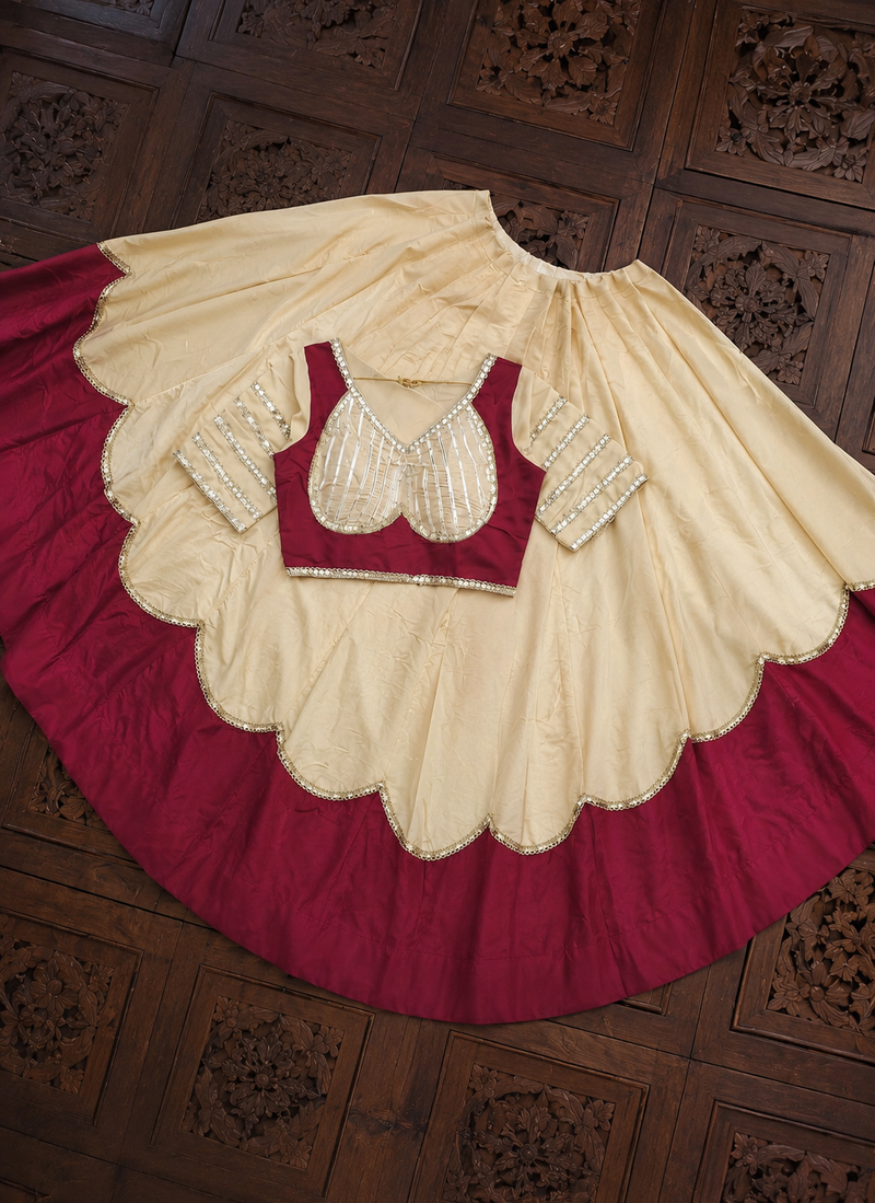 Cream Lace Work Roman silk_Blend Lehenga Choli