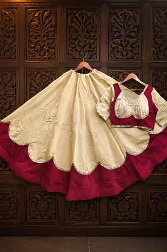 Cream Lace Work Roman silk_Blend Lehenga Choli
