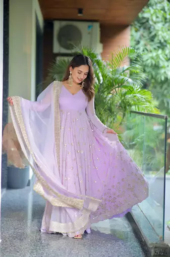Lavender Sequins Anarkali Gown with Embroidered Dupatta for Women