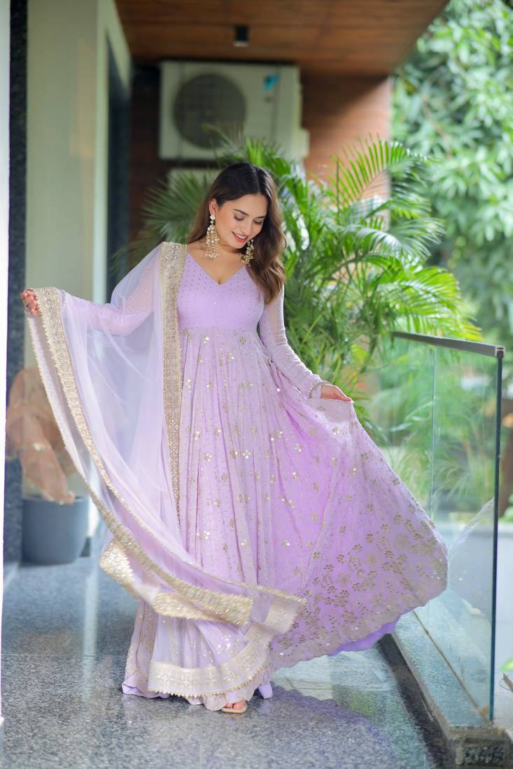 Lavender Sequins Anarkali Gown with Embroidered Dupatta for Women