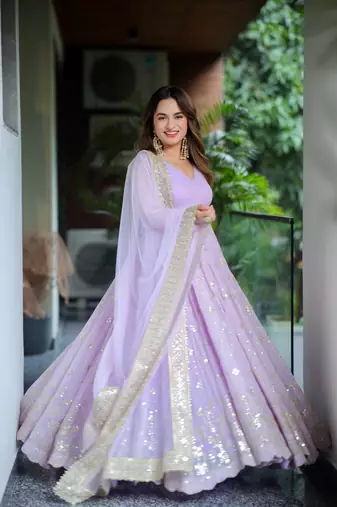Lavender Sequins Anarkali Gown with Embroidered Dupatta for Women