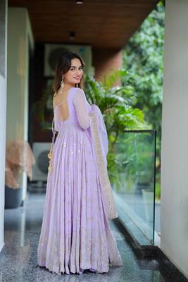 Lavender Sequins Anarkali Gown with Embroidered Dupatta for Women 3