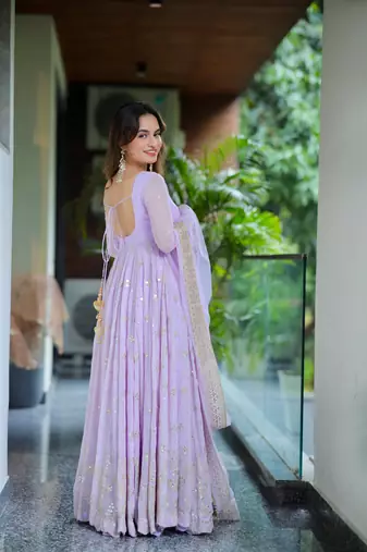 Lavender Sequins Anarkali Gown with Embroidered Dupatta for Women
