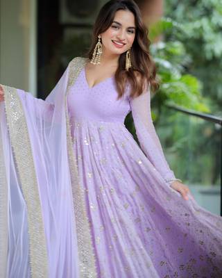 Lavender Sequins Anarkali Gown with Embroidered Dupatta for Women 4