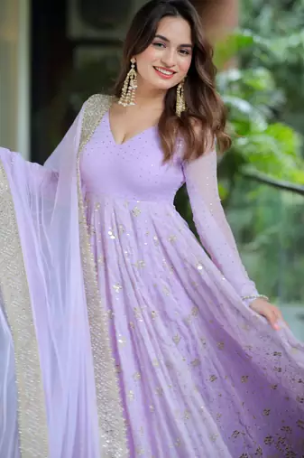 Lavender Sequins Anarkali Gown with Embroidered Dupatta for Women
