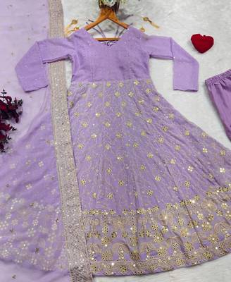 Lavender Sequins Anarkali Gown with Embroidered Dupatta for Women 5