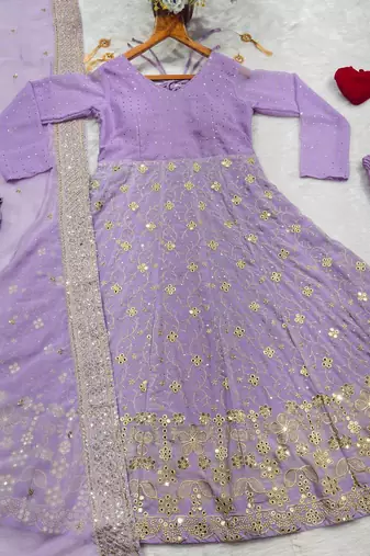 Lavender Sequins Anarkali Gown with Embroidered Dupatta for Women