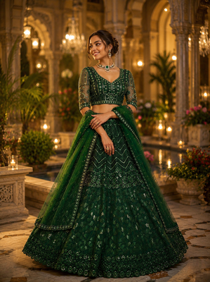 emerald color Sequins Thread and Embroidery work net Lehenga Choli set 1