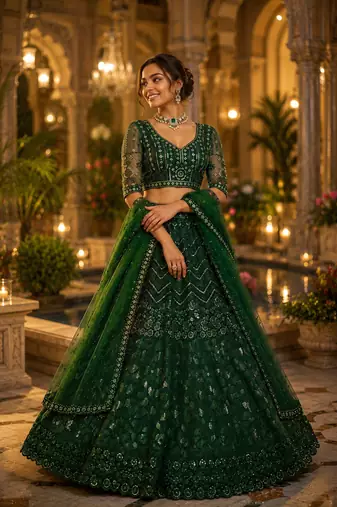 emerald color Sequins Thread and Embroidery work net Lehenga Choli set