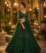 emerald color Sequins Thread and Embroidery work net Lehenga Choli set