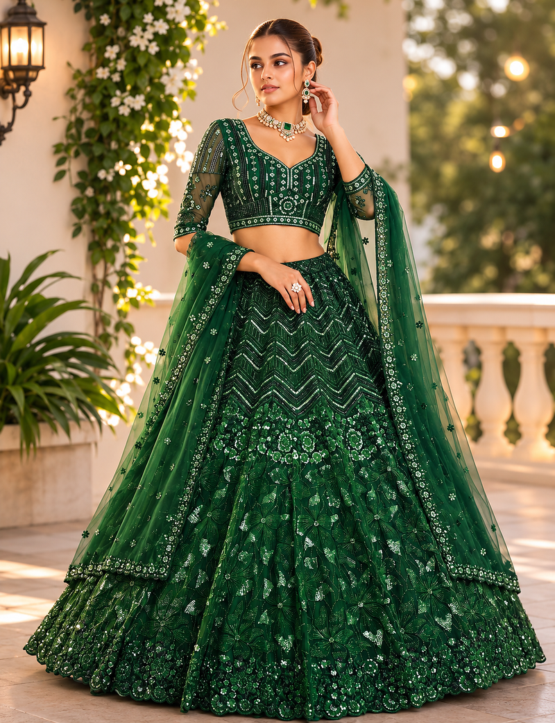 emerald color Sequins Thread and Embroidery work net Lehenga Choli set