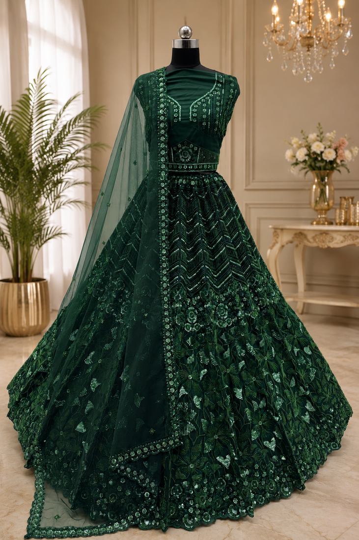 emerald color Sequins Thread and Embroidery work net Lehenga Choli set