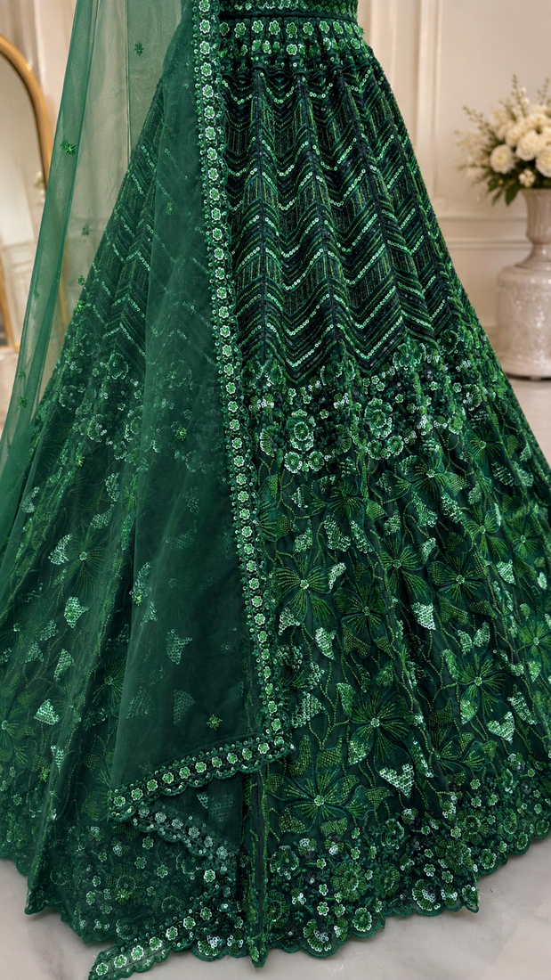 emerald color Sequins Thread and Embroidery work net Lehenga Choli set