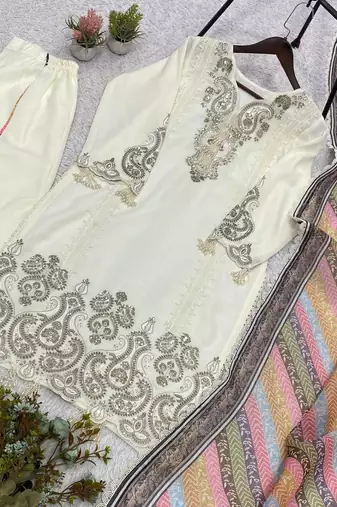 white color embroidery sequences work georgette salwar suit