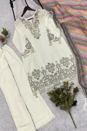 white color embroidery sequences work georgette salwar suit
