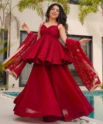 Women's red silk blend printed kurti set with flared palazzo and dupatta 1