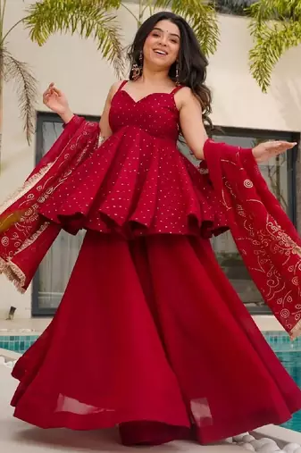 Women's red silk blend printed kurti set with flared palazzo and dupatta