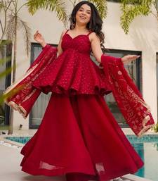 Women's red silk blend printed kurti set with flared palazzo and dupatta