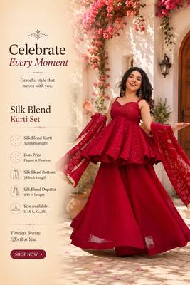 Women's red silk blend printed kurti set with flared palazzo and dupatta 2