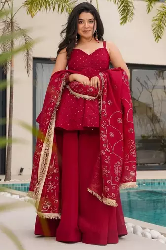 Women's red silk blend printed kurti set with flared palazzo and dupatta
