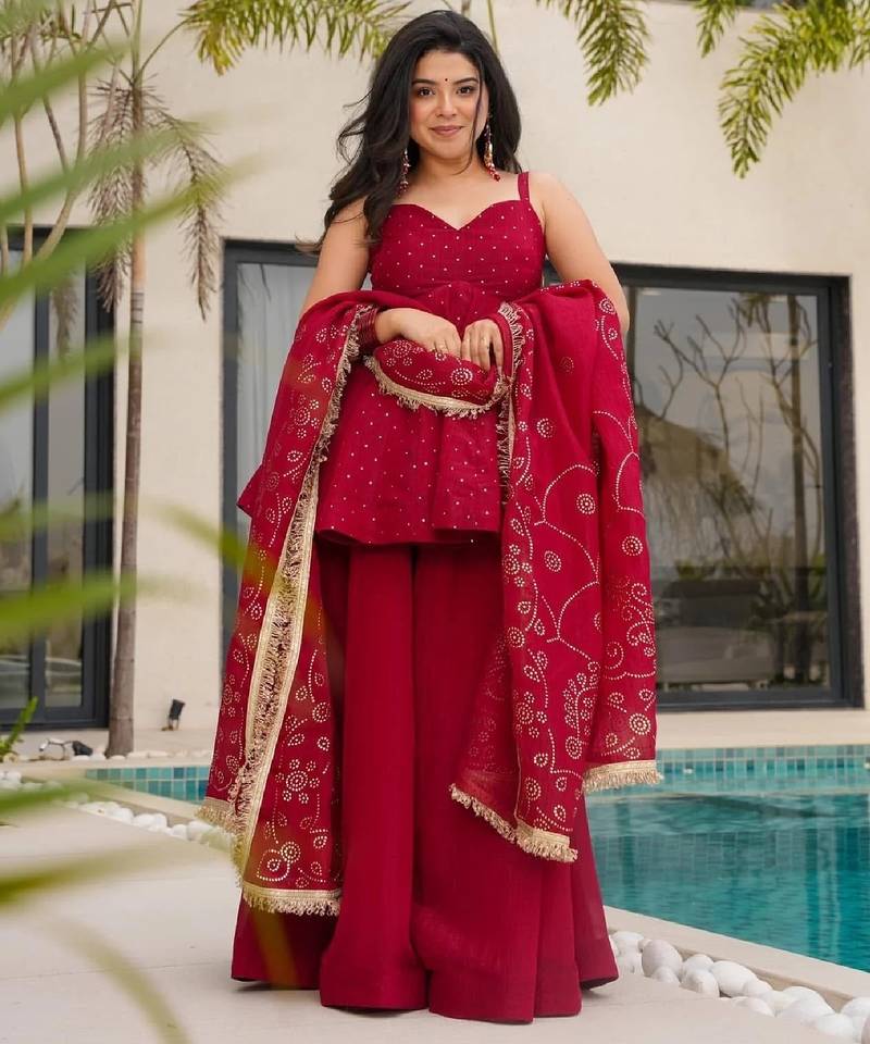 Women's red silk blend printed kurti set with flared palazzo and dupatta