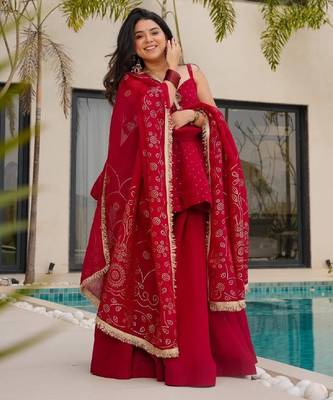 Women's red silk blend printed kurti set with flared palazzo and dupatta 4