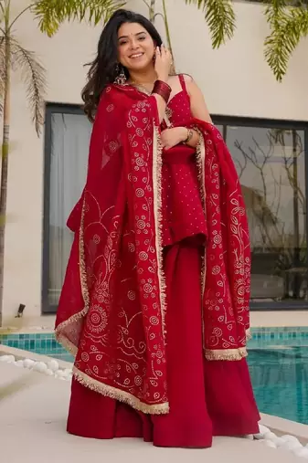 Women's red silk blend printed kurti set with flared palazzo and dupatta