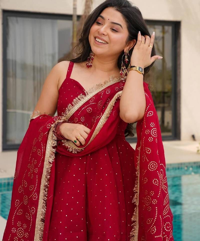Women's red silk blend printed kurti set with flared palazzo and dupatta