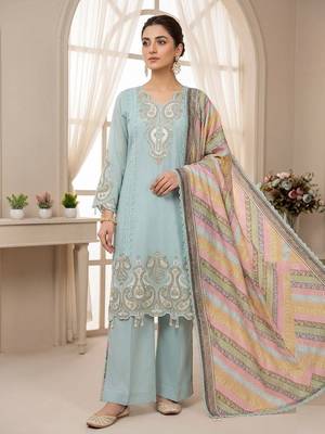 sky blue color embroidery sequences work georgette salwar suit 1