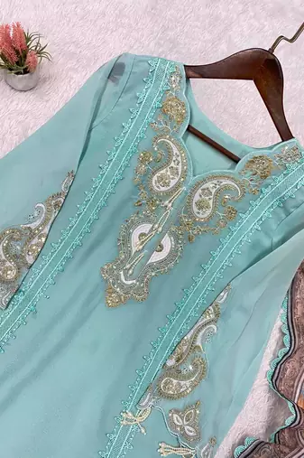 sky blue color embroidery sequences work georgette salwar suit