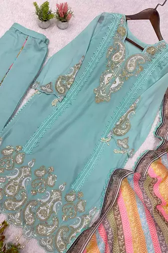 sky blue color embroidery sequences work georgette salwar suit