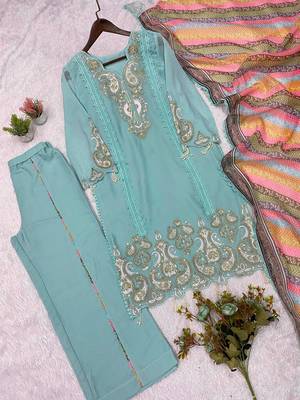 sky blue color embroidery sequences work georgette salwar suit 4