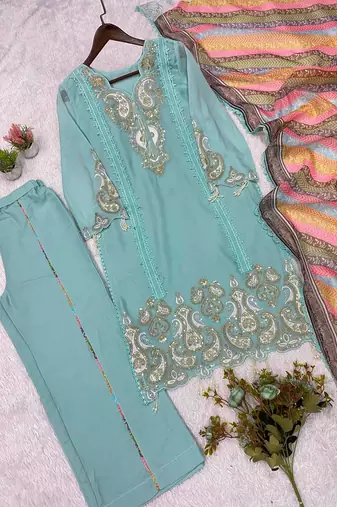 sky blue color embroidery sequences work georgette salwar suit