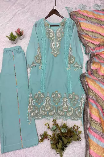 sky blue color embroidery sequences work georgette salwar suit