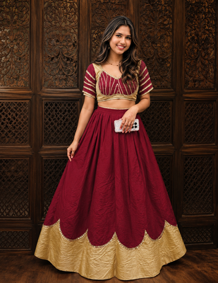 Maroon Lace Work Roman silk_Blend Lehenga Choli 1