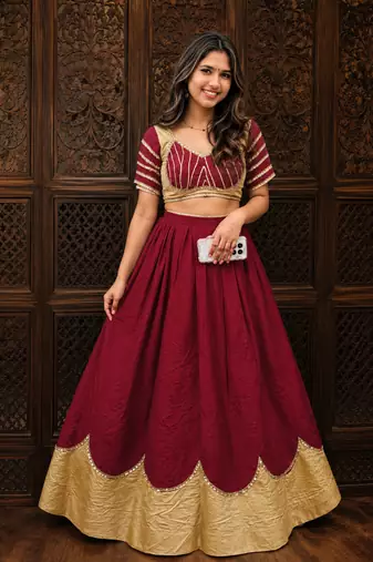Maroon Lace Work Roman silk_Blend Lehenga Choli