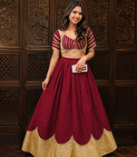 Maroon Lace Work Roman silk_Blend Lehenga Choli